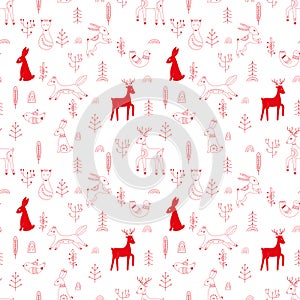 Vector pattern in Scandinavian style.Forest animals In red