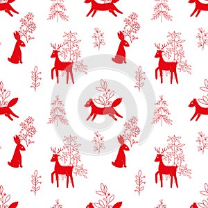 Vector pattern in Scandinavian style.Forest animals In red