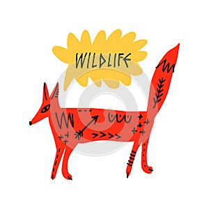Scandinavian red color fox wildlife folk animal vector design, cute patterned traditional artwork inspired by Sweden