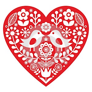 Scandinavian red folk art pattern with birds and flowers - Valentine`s Day, love concept