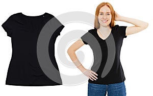 Scandinavian redhead girl in black t-shirt mockup set, black t shirt close up front view