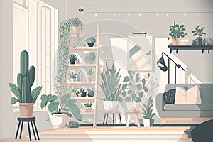 Scandinavian room interior with a white sofa, a ladder, and houseplants Minimalist interior design Cartoon vector illustration.