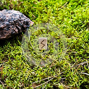 Scandinavian rune Sowilo light, sun, on wet moss.