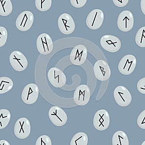 Scandinavian runes on blue background. Runic alphabet. Ancient occult symbols. Seamless pattern.