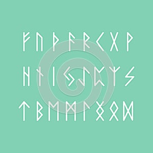 Scandinavian runes white letters on green background. Runic alphabet. Ancient occult symbols.