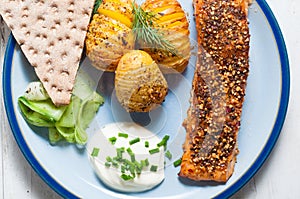 Scandinavian salmon with potatoes and pickled cucumber.