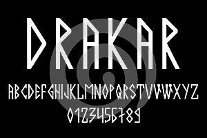 Scandinavian script, in capital letters in the style of nordic runes. Modern design. A magical rune font in the ethnic