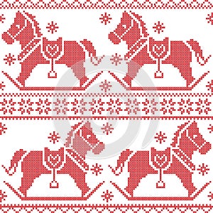 Scandinavian seamless Nordic Christmas pattern with rocking horses, snowflakes,hearts, snow, stars, decorative ornaments in red c