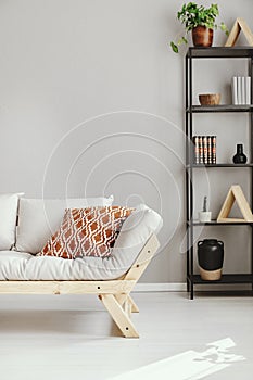 Scandinavian sofa next to shelf with different kind of accessories, real photo with copy space