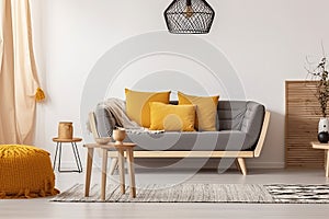 Scandinavian sofa with pillows in a bright living room interior. Cozy home room design. Generative AI
