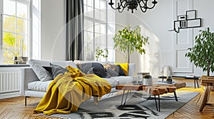 Scandinavian sofa with pillows and dark yellow blanket in bright living room interior. AI Generative