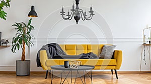 Scandinavian sofa with pillows and dark yellow blanket in bright living room interior. AI Generative