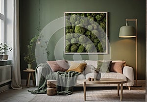 Scandinavian soft Green Living Room: Moss Art in Frame