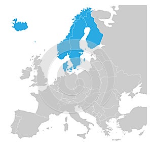 Scandinavian states Denmark, Norway, Finland, Sweden and Iceland blue highlighted in the political map of Europe. Vector