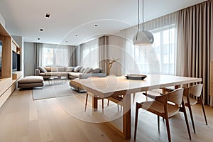 Scandinavian studio apartment. Interior design of modern living room with dining table and chairs. Created with generative AI