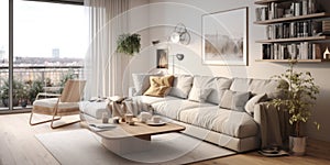 Scandinavian studio apartment. Interior design of modern living room, panorama