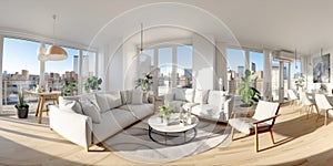 Scandinavian studio apartment. Interior design of modern living room, panorama