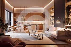 Scandinavian studio apartment, living room and kitchen. Interior design of modern living room. Created with generative AI