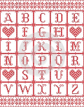 Scandinavian style Alphabet inspired by Norwegian Christmas, festive winter seamless pattern in cross stitch with heart, snow
