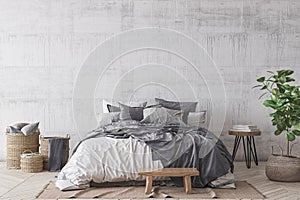 Scandinavian style bedroom mockup, home interior design, rustic gray room design