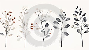 Scandinavian Style Botanical Poster: Watercolor Set Of Branches And Fruits photo