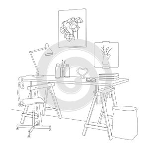 Scandinavian Style Clean Working Desk Vector Line Art