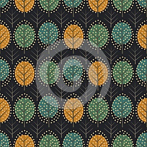 Scandinavian style decorative trees seamless pattern on dark background.