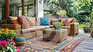 Scandinavian Style Garden Patio with Wicker Furniture and Colorful Accessories