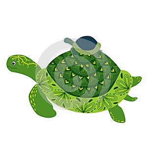 Scandinavian style green turtle with painted shell pattern hand drawn with cub on back, mom and baby concept