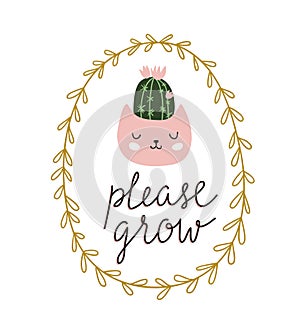 Scandinavian style illustration, modern and elegant home decor. Vector cute print design with hand drawn lettering - `please grow`