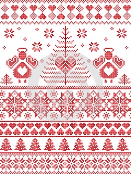 Scandinavian style inspired Christmas and festive winter seamless pattern in cross stitch, knitting style with Xmas trees , angels