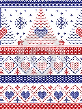 Scandinavian style inspired Christmas and festive winter seamless pattern in cross stitch style: Xmas trees, snowflakes, Rabbiits