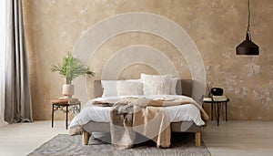 Scandinavian style interior design of modern bedroom with beige stucco wall with copy space