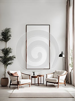 Scandinavian style interior of living room with white walls and big frame poster on it