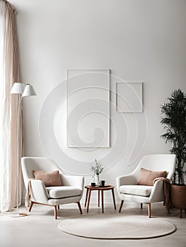 Scandinavian style interior of living room with white walls and big frame poster on it