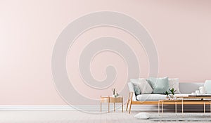 Scandinavian style interior with sofa and coffe table. Empty wall mock up in minimalist interior. 3D illustration