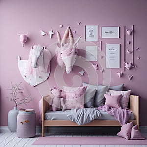 Scandinavian Style Kids Girls Room, Pink color, Lots of Hanging toys on wall, Teddy bear, Unicorn, Lamp, Soft Light Generative