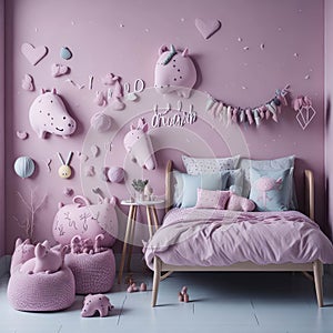 Scandinavian Style Kids Girls Room, Pink color, Lots of Hanging toys on wall, Teddy bear, Unicorn, Lamp, Soft Light Generative