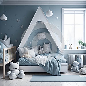 Scandinavian Style Of Kids Room, Bed and Shelf With Toys Decoration, Generative Ai
