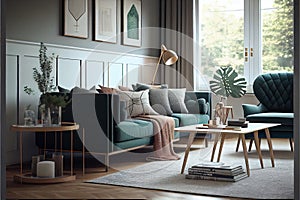 Scandinavian style living room. Bright Living room with large windows and lots of plants