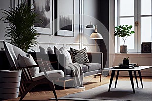 Scandinavian style living room. Bright Living room with large windows and lots of plants