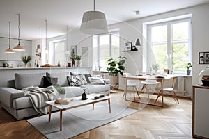 Scandinavian-style living room on cozy home decor elements, light colors and natural wood accents.