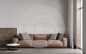 Scandinavian style living room interior mock up, modern living room interior background, brown leather sofa, 3d rendering