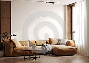 Scandinavian style living room interior mock up, modern living room interior background, brown sofa and plant, 3d rendering