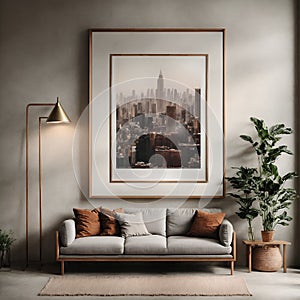 Scandinavian style living room interior with mock up poster frame, sofa, coffee table and city view
