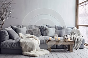 Scandinavian style living room with upholstered grey sofa and cushions with throw palette style coffee table Generative AI