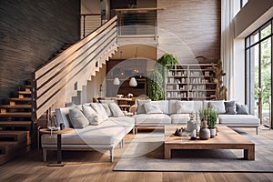 Scandinavian style living room with upholstered sofas and cushions solid wood coffee table set against a natural Generative AI