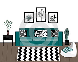 Scandinavian style livingroom interior with black and white carpet, blue sofa with ornamented pillows, home plants, and white wall