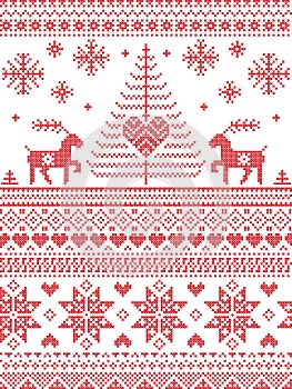 Scandinavian style and Nordic culture inspired Christmas and festive winter seamless pattern in cross stitch style with Xmas trees