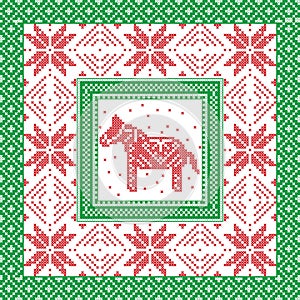 Scandinavian style and Nordic culture inspired Christmas and festive winter square pattern in cross stitch style with Swedish